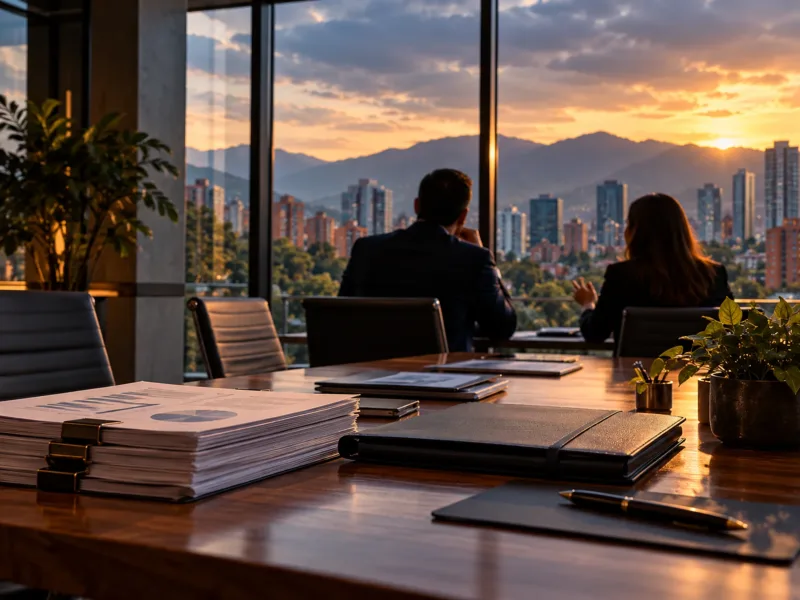 Reunión de trabajo en una oficina de Medellín con documentos sobre la mesa.