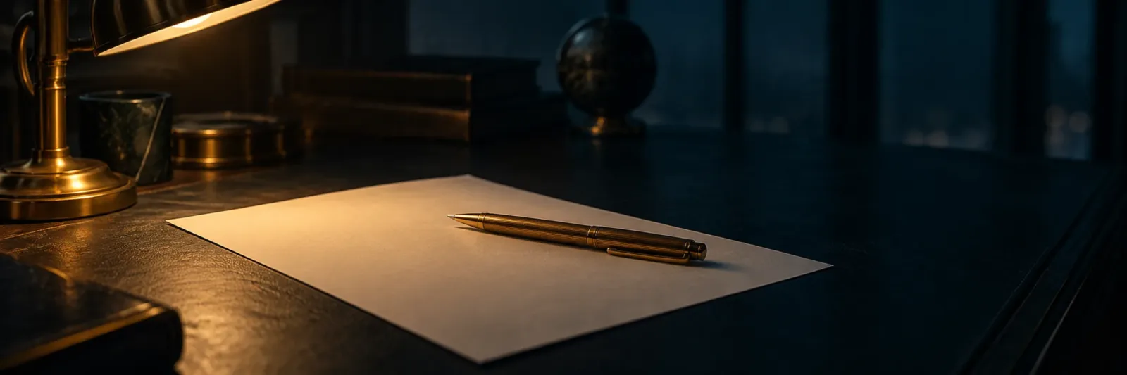 Hoja de papel y bolígrafo dorado sobre un escritorio oscuro, bajo la luz de una lámpara.